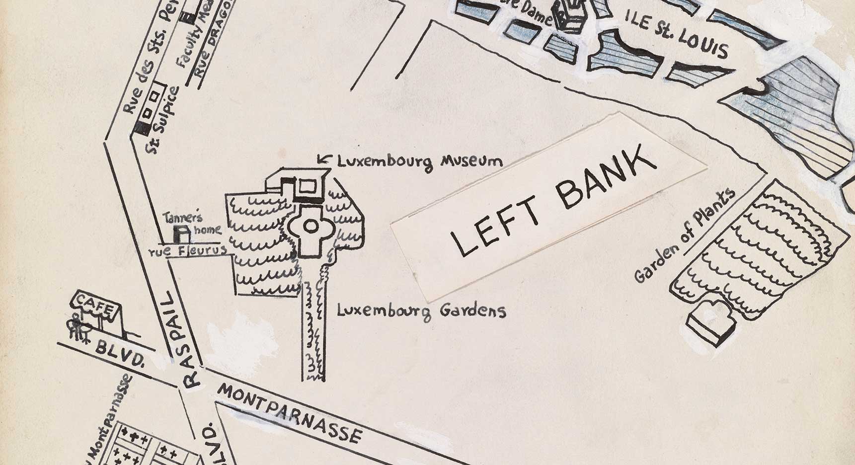 Detail of Romare Bearden's hand-drawn map of Paris