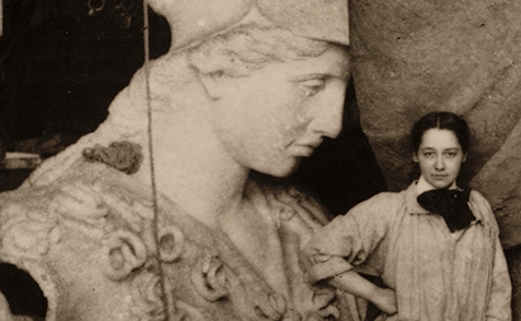 Photograph of the sculpture Pallas Athena with artist Enid Yandell