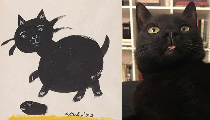 Drawing of a cat by Mine Okubo and photograph of Lincoln the cat.