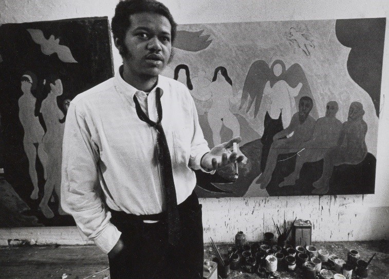 Black and white photos of Bob Thompson in an art studio.
