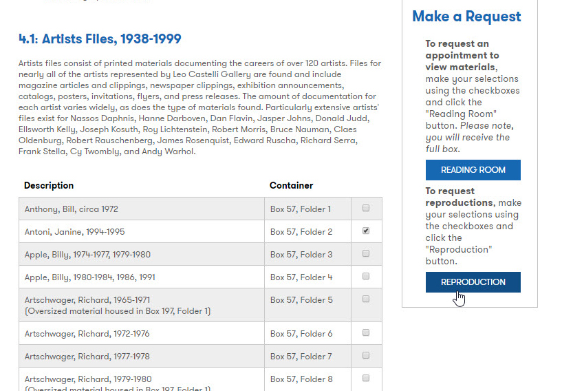 Screenshot illustrating how to select checkboxes and request digitization