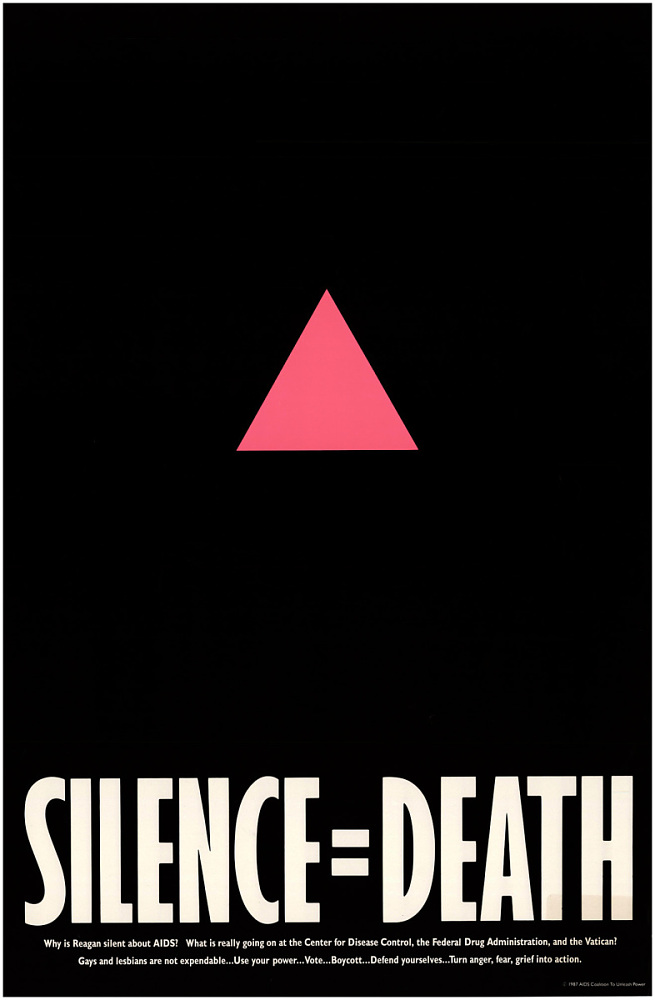 Poster with pink triangle surrounded by black that says "Silence equals death" by Avram Finkelstein