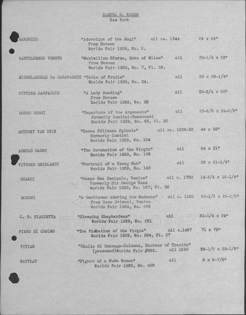A page from the 'Old Collectors of Interest' notebook (Box 245, Folder 7, #26) in the collectors files listing some of the artwork owned by Samuel H. Kress, including information about acquisition and exhibitions.