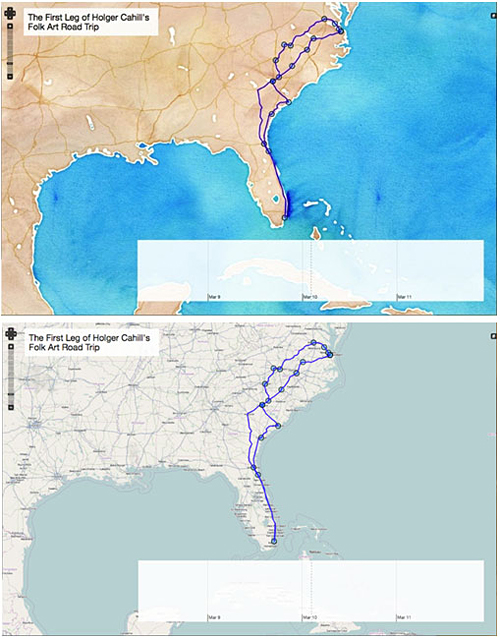 Figure 1. Views of the first leg of the trip (watercolor and street map versions)