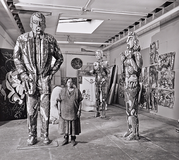 Viola Frey with monumental figures and paintings in her studio, Oakland, CA, 1987.