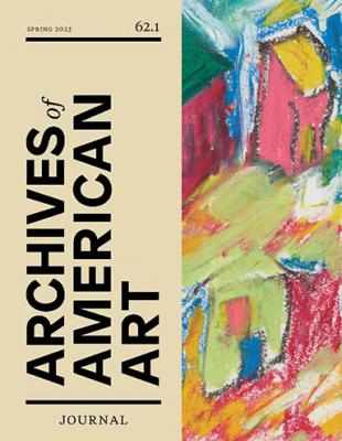 Detail from pastel drawing of several small structures in a palette of vibrant pink, yellow, green, blue, and red with a liftable, cream-colored half cover with the publication title and volume information in black type covering the left-hand side of the image