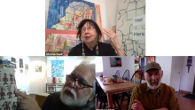 Composite screenshots of three interview participants in a pyramid-grid shape. Top image Jaune Quick-To-See-Smith; bottom left Joe Feddersen; bottom right James Lavadour.