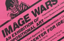 Detail of a flyer announcing an exhibition with black text on a red background and graphic of a skeleton wearing an army helmet.