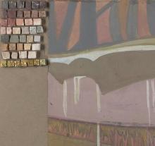 Detail of cartoon for mosaic sketched on brown paper in various shades of brown, blue, terracotta, pink, and white, with stones in corresponding colors glued to the paper.