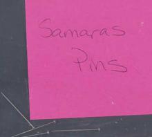 Detail of clear plastic bag that self-seals containing four steel pins and a note handwritten in ink on a bright pink square of papers saying, “Samaras Pins.” 