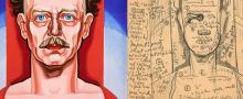Detail of painting of man against a red and blue background, and a detail of a pencil sketch of the painting with detailed notes