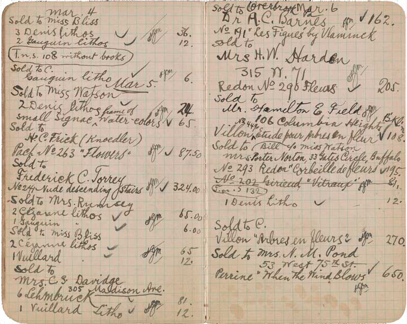 Walter Pach notebook recording sales at the New York Armory Show