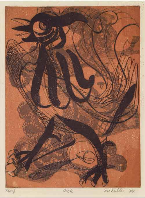 Figure 12.  Sue Fuller, Cock (1944) Color engraving, soft-ground etching, and aquatint Plate: 20 x 14.9 cm (7 7/8 x 5 7/8 in.)  Sheet: 35.6 x 29.2 cm (14 x 11 1/2 in.) Yale University Art Gallery Gift of James N. Heald II, B.S., 1949, 2006.17.4 Image courtesy Yale University Art Gallery Art courtesy of the Estate of the Artist and the Susan Teller Gallery, New York, NY