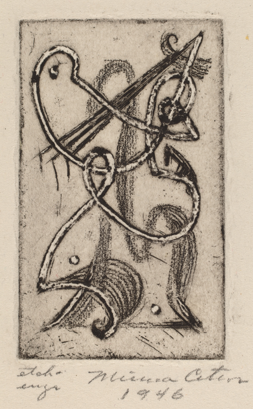Figure 15. Minna Wright Citron, Whatever (1946) Etching and engraving on wove paper Plate: 6.35 x 3.81 cm (2 1/2 x 1 1/2 in.) Sheet: 15.56 x 13.34 cm (6 1/8 x 5 1/4 in.) National Gallery of Art, Rosenwald Collection, 1951.16.18. Image courtesy National Gallery of Art, Washington Art courtesy Christiane H. Citron, Art Executor for the Estate of Minna Citron