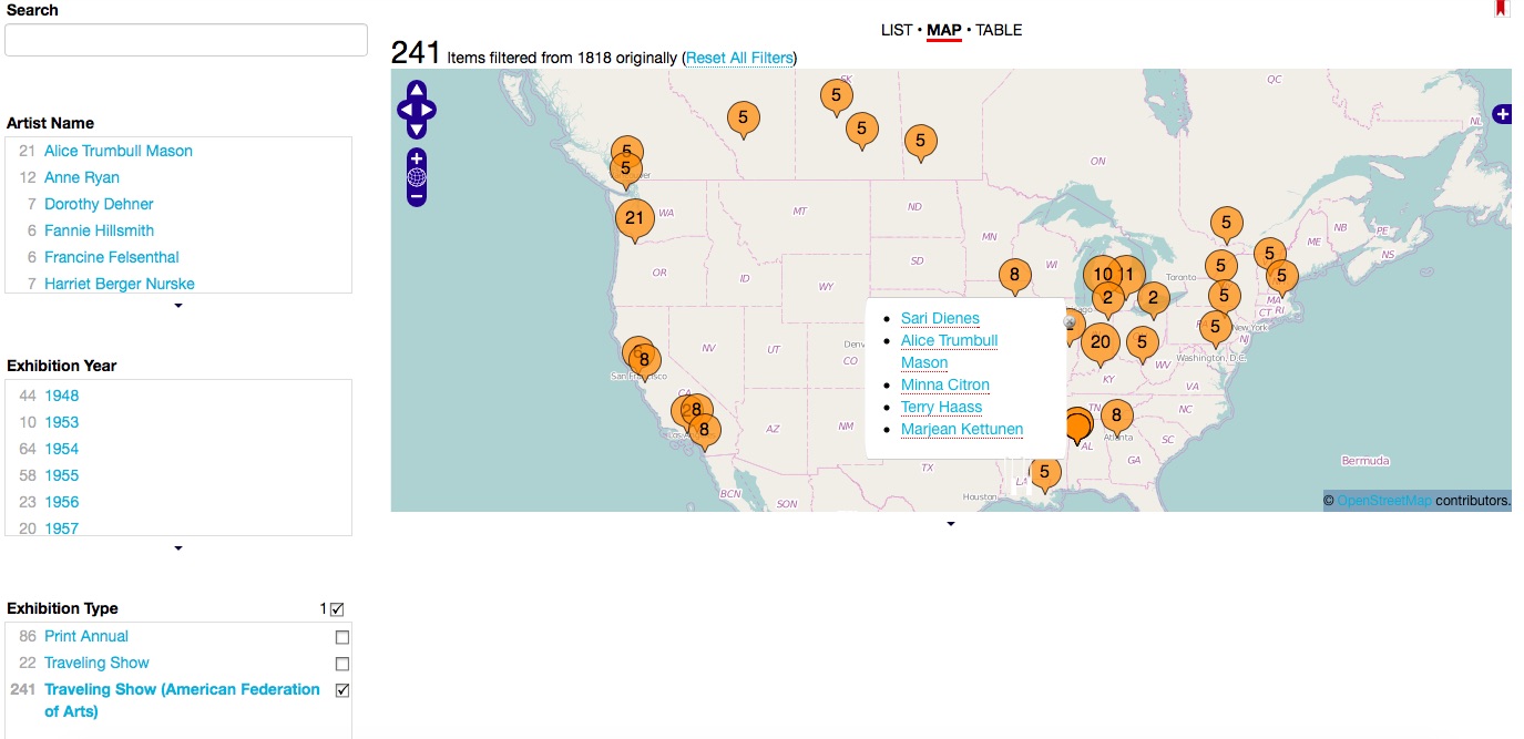 Figure 17. Viewshare map showing locations of BKM annuals circulated by the American Federation of Arts. When clicked, each location bubble pops up with a list of exhibiting artists.
