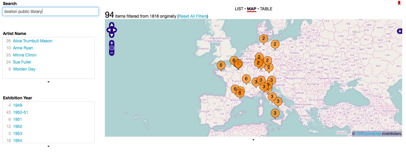 Figure 18. Viewshare map showing locations of American print exhibition circulated by the Boston Public Library.