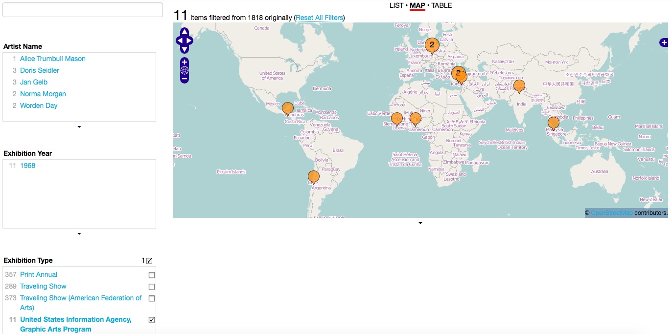 Figure 19. Viewshare map showing American embassies exhibiting women artists' prints through the United States Information Agency's Graphic Arts Program.
