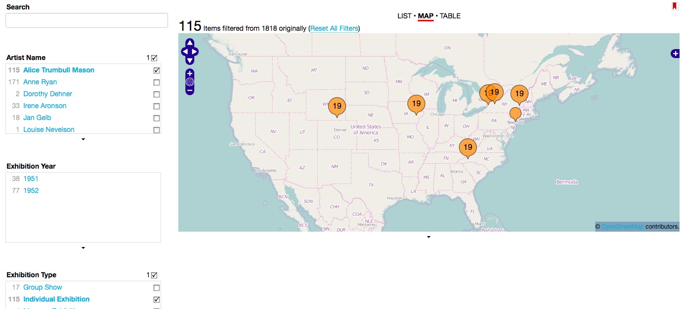 Figure 3. Viewshare map showing six locations of Alice Trumbull Mason's traveling etching show (1951-2). The number in the location bubble represents the number of prints shown at each venue. A seventh point in New York City represents a solo show of Mason's woodcuts at Wittenborn Gallery in 1952.